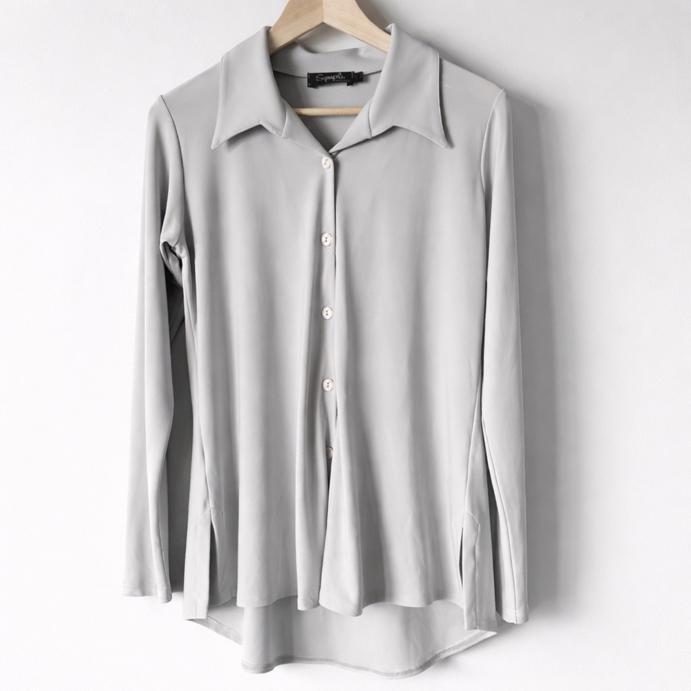 Sympli Charisma Tunic Blouse Light Grey Button Down Jersey Top Size 8